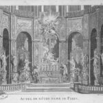 Zu sehen ist eine Zeichnung des Hochaltars des Notre-Dame de Paris. Darauf sieht man ein reiches Figurenprogramm, welches sich zur Mitte des Raumes hinlehnt. Copyright: Jean-Baptiste Scotin (1678-?), Public domain, via Wikimedia Commons